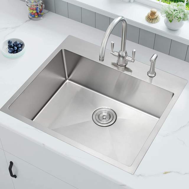 25x22 inch Handmade Topmount Sink Drop-In 16 Gauge Stainless Steel Single Bowl Kitchen Sinks with 2 Holes for Faucet & Soap Dispenser, Basket Strainer,Bottom Grid and Kitchen Towel