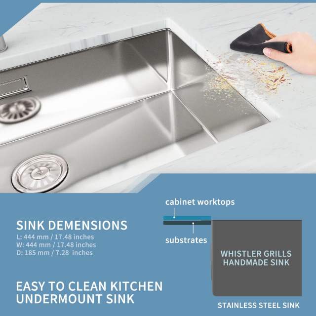 WHISTLER Handmade Stainless Steel Single Deep Bowl Kitchen Sink With Basket Strainer Waste Kit And Overflow For Undermount And Flushmount Intallation