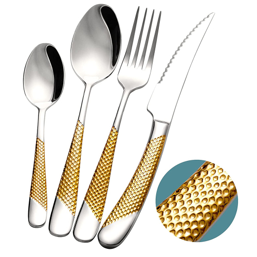 Gold Stainless Steel Cutlery Hammered Silverware Set 18/10 Golden Plated Flatware Tableware Set Mirror Polished Dishwasher Safe