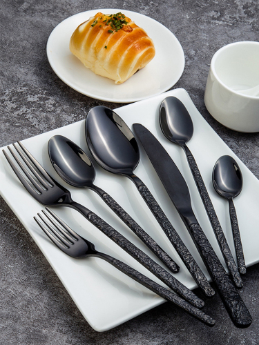 Black Cutlery Set Stainless Steel Flatware Tableware Spoons Set Forks Knives Teaspoons Stone Pattern Handle Eating Utensils Home