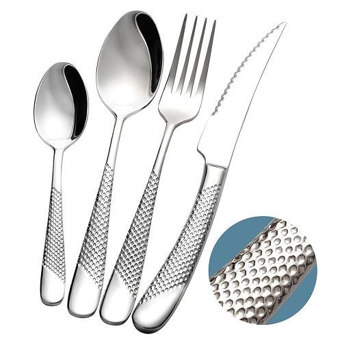 Stainless Steel Cutlery Hammered Silverware Set 18/10 Golden Plated Flatware Tableware Set Mirror Polished Dishwasher Safe