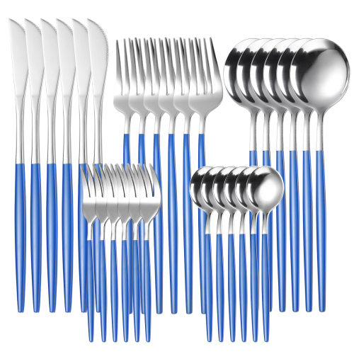 30pcs Silver Blue Dinnerware Set Stainless Steel Tableware Set Dessert Knife Fork Spoon Flatware Set Upscale Silverware Cutlery Set