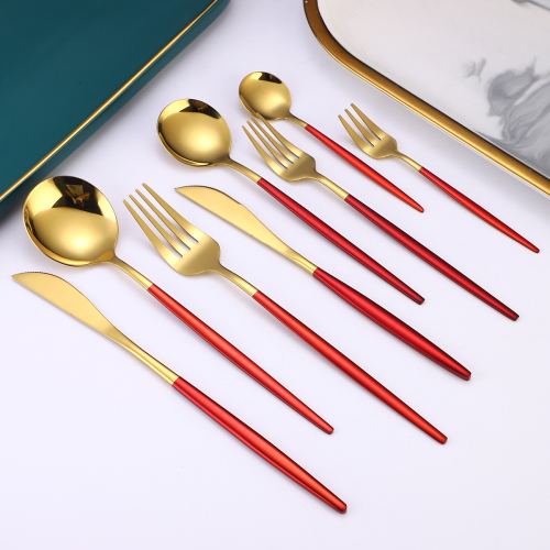 8pcs Gold Red Dinnerware Set Stainless Steel Tableware Set Dessert Knife Fork Spoon Flatware Set Upscale Silverware Cutlery Set
