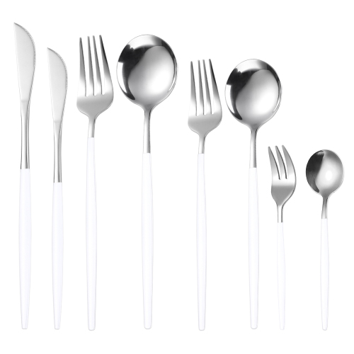 8pcs Silver White Dinnerware Set Stainless Steel Tableware Set Dessert Knife Fork Spoon Flatware Set Upscale Silverware Cutlery Set