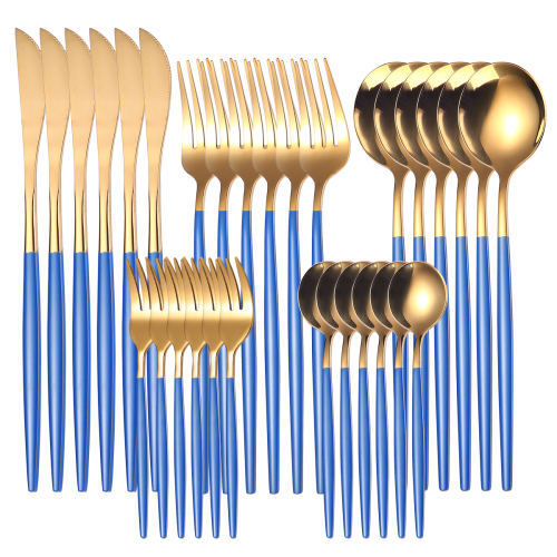 30pcs Gold Blue Dinnerware Set Stainless Steel Tableware Set Dessert Knife Fork Spoon Flatware Set Upscale Silverware Cutlery Set