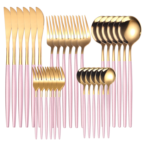 30pcs Gold Pink Dinnerware Set Stainless Steel Tableware Set Dessert Knife Fork Spoon Flatware Set Upscale Silverware Cutlery Set