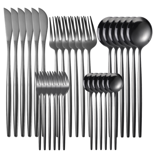 30pcs Black Dinnerware Set Stainless Steel Tableware Set Dessert Knife Fork Spoon Flatware Set Upscale Silverware Cutlery Set