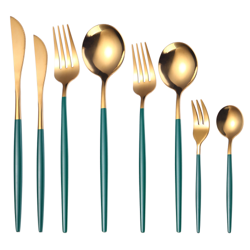 8pcs Gold Green Dinnerware Set Stainless Steel Tableware Set Dessert Knife Fork Spoon Flatware Set Upscale Silverware Cutlery Set