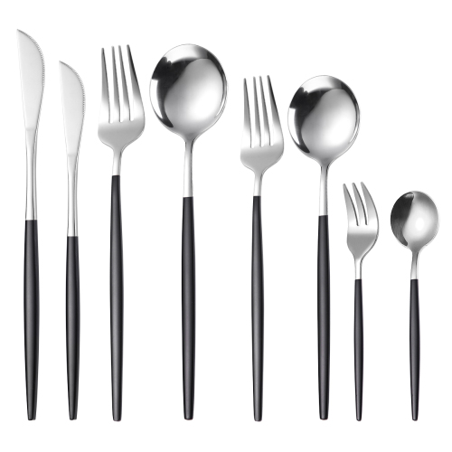 8pcs Silver Black Dinnerware Set Stainless Steel Tableware Set Dessert Knife Fork Spoon Flatware Set Upscale Silverware Cutlery Set
