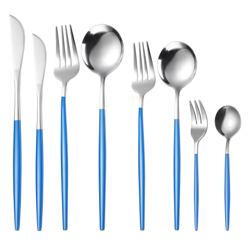 8pcs Silver Blue Dinnerware Set Stainless Steel Tableware Set Dessert Knife Fork Spoon Flatware Set Upscale Silverware Cutlery Set
