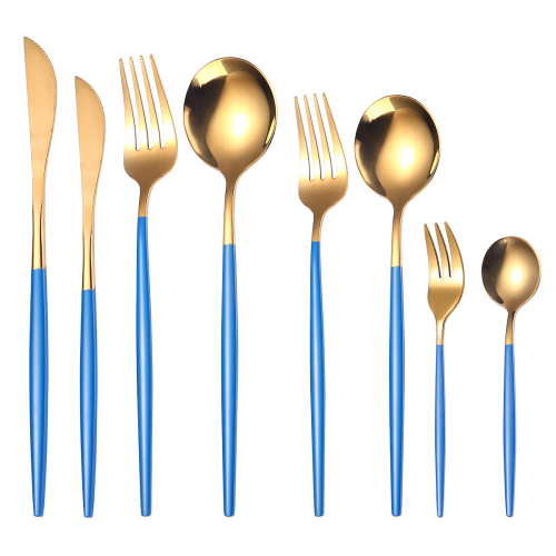 8pcs Gold Blue Dinnerware Set Stainless Steel Tableware Set Dessert Knife Fork Spoon Flatware Set Upscale Silverware Cutlery Set