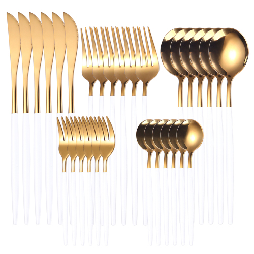 30pcs Gold White Dinnerware Set Stainless Steel Tableware Set Dessert Knife Fork Spoon Flatware Set Upscale Silverware Cutlery Set