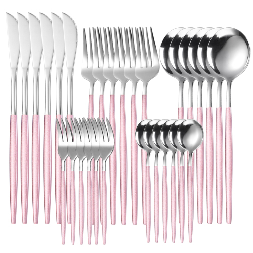 30pcs Silver Pink Dinnerware Set Stainless Steel Tableware Set Dessert Knife Fork Spoon Flatware Set Upscale Silverware Cutlery Set