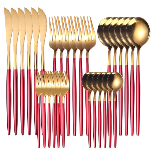 30pcs Gold Red Dinnerware Set Stainless Steel Tableware Set Dessert Knife Fork Spoon Flatware Set Upscale Silverware Cutlery Set