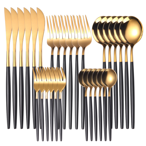30pcs Gold Black Dinnerware Set Stainless Steel Tableware Set Dessert Knife Fork Spoon Flatware Set Upscale Silverware Cutlery Set