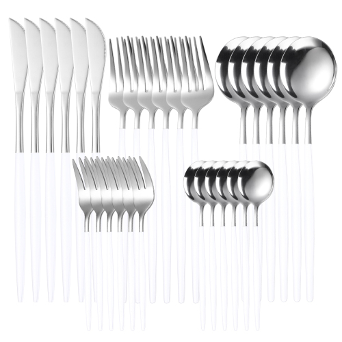 30pcs Silver White Dinnerware Set Stainless Steel Tableware Set Dessert Knife Fork Spoon Flatware Set Upscale Silverware Cutlery Set