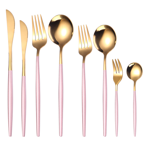 8pcs Gold Pink Dinnerware Set Stainless Steel Tableware Set Dessert Knife Fork Spoon Flatware Set Upscale Silverware Cutlery Set