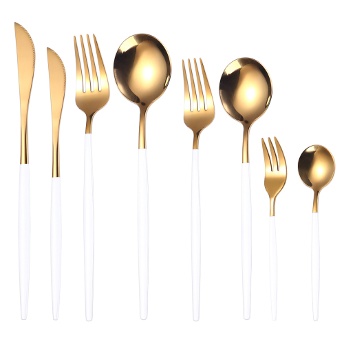8pcs Gold White Dinnerware Set Stainless Steel Tableware Set Dessert Knife Fork Spoon Flatware Set Upscale Silverware Cutlery Set