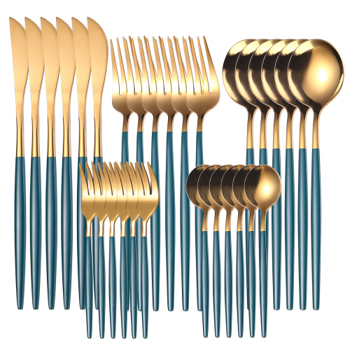 30pcs Gold Green Dinnerware Set Stainless Steel Tableware Set Dessert Knife Fork Spoon Flatware Set Upscale Silverware Cutlery Set