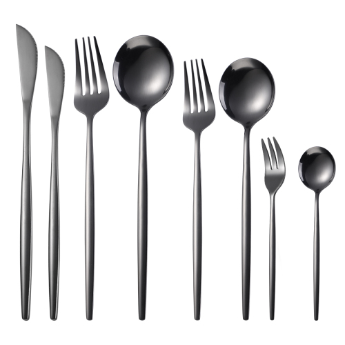 8pcs Black Dinnerware Set Stainless Steel Tableware Set Dessert Knife Fork Spoon Flatware Set Upscale Silverware Cutlery Set