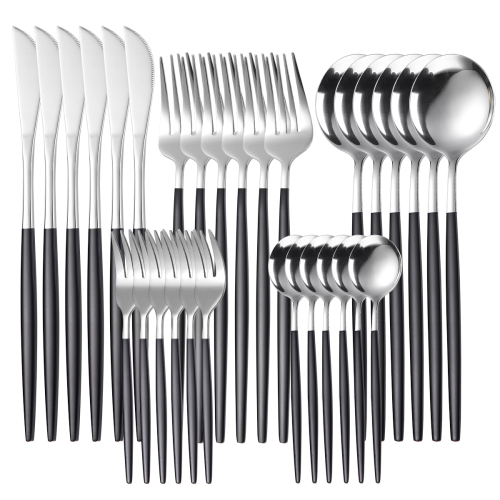 30pcs Silver Black Dinnerware Set Stainless Steel Tableware Set Dessert Knife Fork Spoon Flatware Set Upscale Silverware Cutlery Set