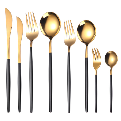 8pcs Gold Black Dinnerware Set Stainless Steel Tableware Set Dessert Knife Fork Spoon Flatware Set Upscale Silverware Cutlery Set