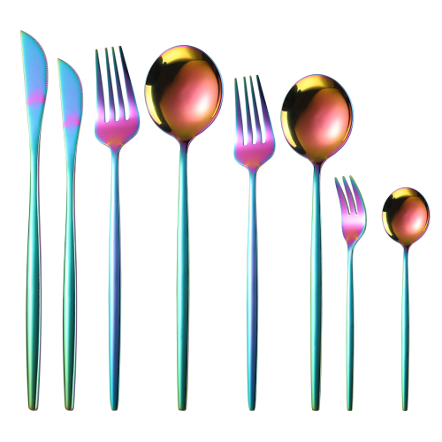 8pcs Rainbow Colorful Dinnerware Set Stainless Steel Tableware Set Dessert Knife Fork Spoon Flatware Set Upscale Silverware Cutlery Set