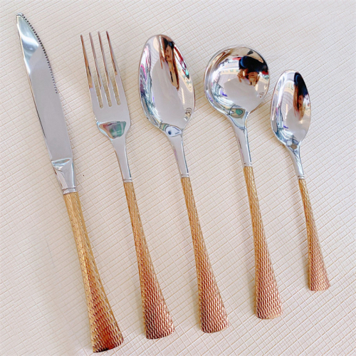 Rose Gold Handle Stainless Steel Cutlery Hammered Silverware Set Dishwasher Safe