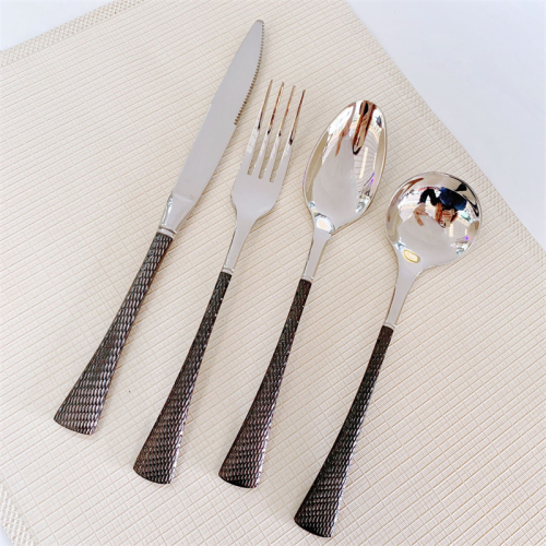 Bllack Handle Stainless Steel Cutlery Hammered Silverware Set Dishwasher Safe