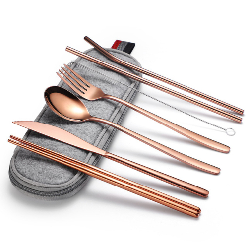 Stainless Travel Camping Cutlery Set Straight Bent Drinking Straw with Case Cleaning Brush Set Metal Reusable Rose Gold
