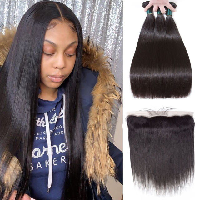 Silky Straight Human Hair Bundles With 13x4 Lace Frontal Closure
