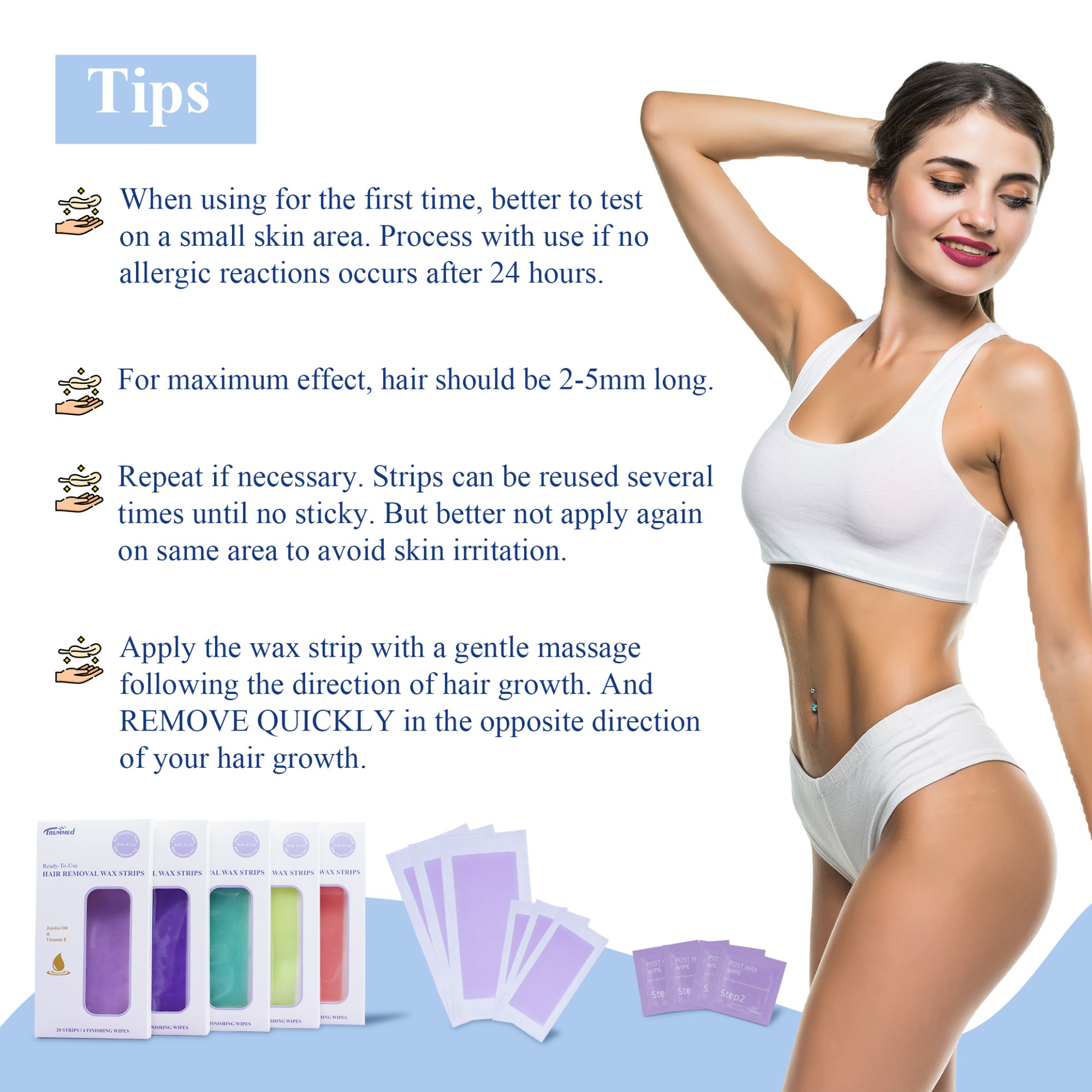 Trummed Green Hair Removal Waxing Strips, for Sensitive Skin Body and Leg