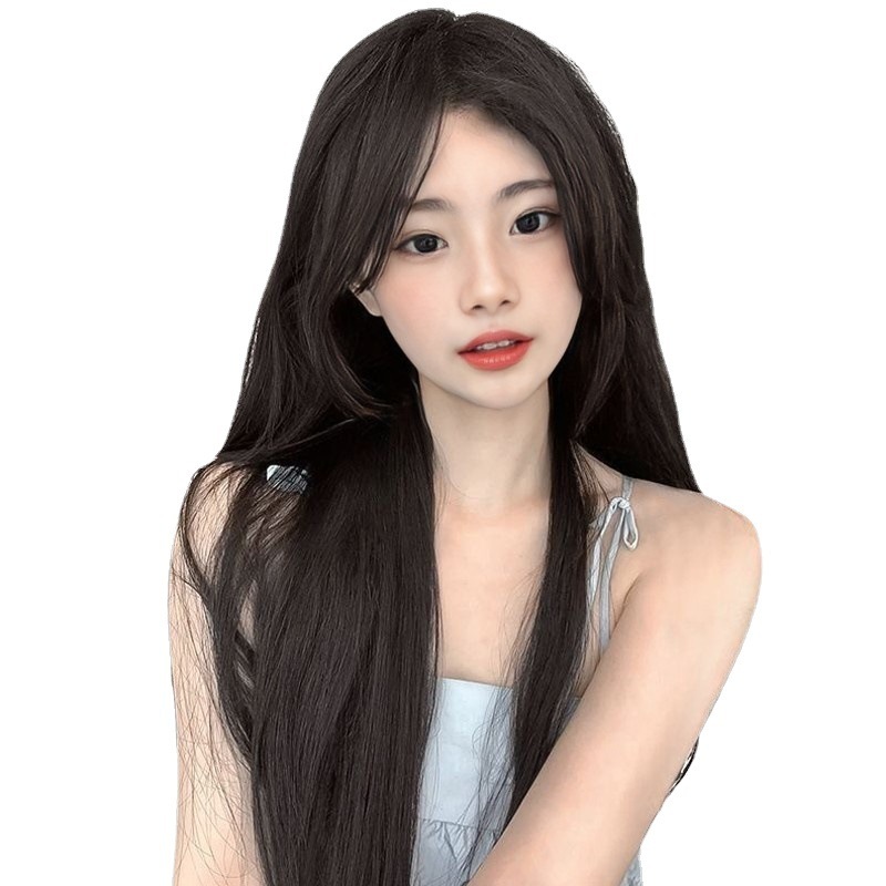女性用ウィッグ、模造黒髪ロング、フルヘッドウィッグ、フロントレース、ミドルパート、ロングストレートヘアウィッグ、十分な在庫のあるメーカー