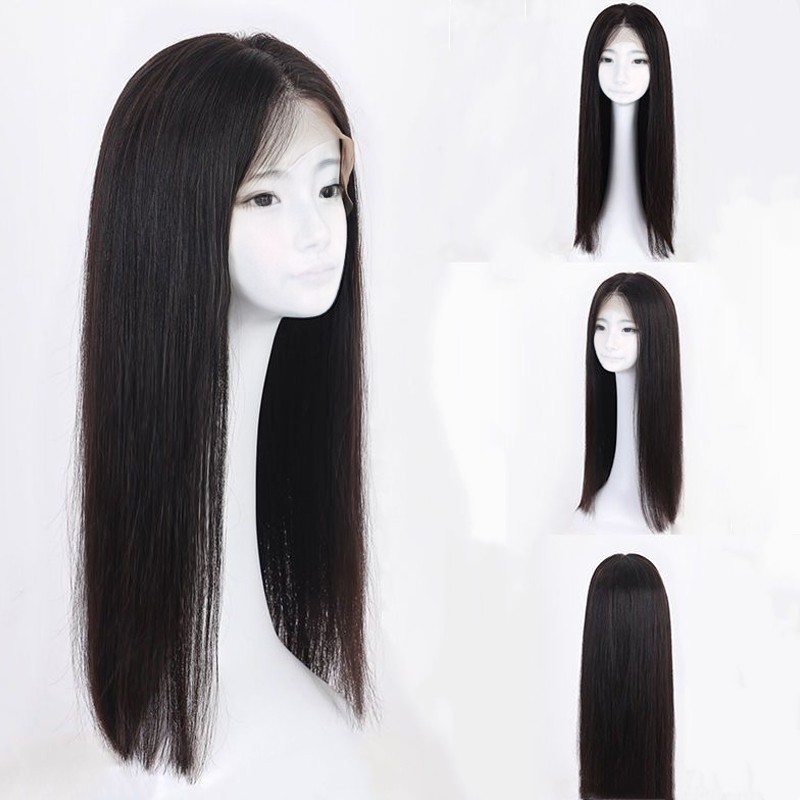 女性用ウィッグ、模造黒髪ロング、フルヘッドウィッグ、フロントレース、ミドルパート、ロングストレートヘアウィッグ、十分な在庫のあるメーカー