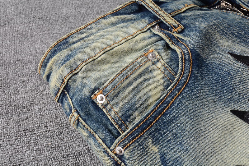 #694 Amiri Jeans Black Star Leather Patch Mid Indigo Denim Reps Replica ...