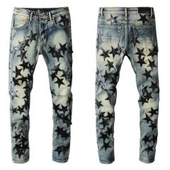 #694 Jeans Black Star Leather Patch Mid Indigo Denim