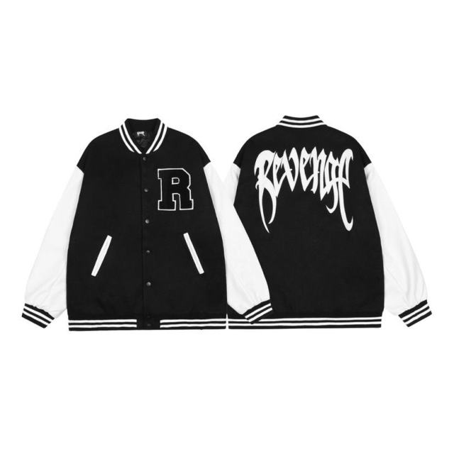 Revenge Leather Sleeve Baseball Jacket Black