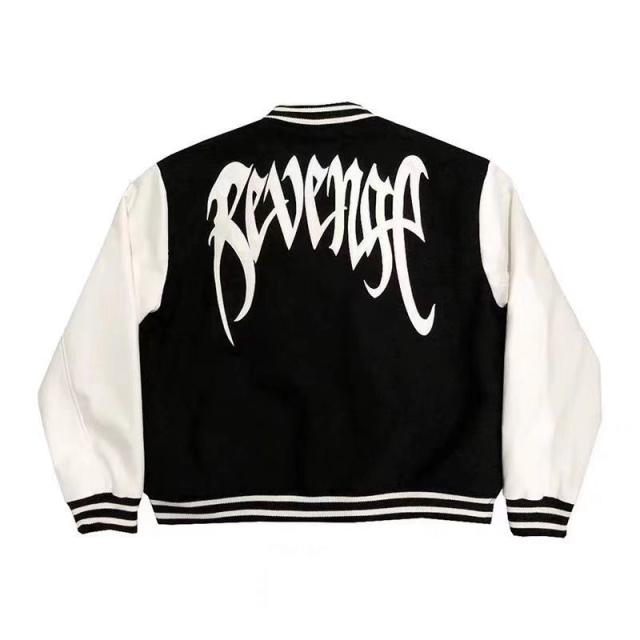 Revenge Leather Sleeve Baseball Jacket Black