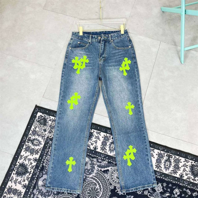 Chr0me  Heart Green Crosses Denim Jeans