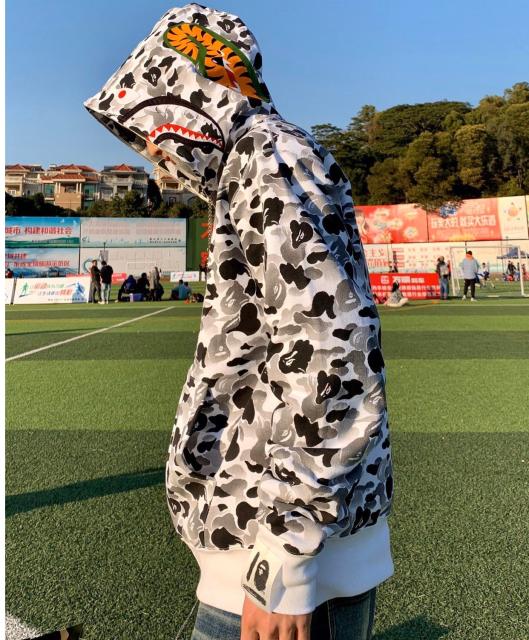 [Best Quality] 1:1 Bape Full Camo shark zip-up hoodie white black camo (White/Green)