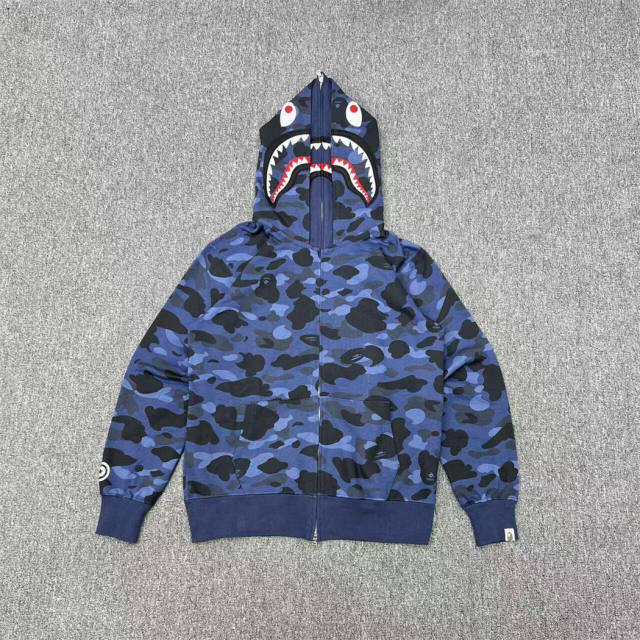 [Best Quality] 1:1 Bape Double Hood Camo Shark Hoodie Blue Red Purple