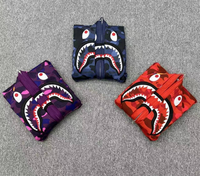 [Best Quality] 1:1 Bape Double Hood Camo Shark Hoodie Blue Red Purple