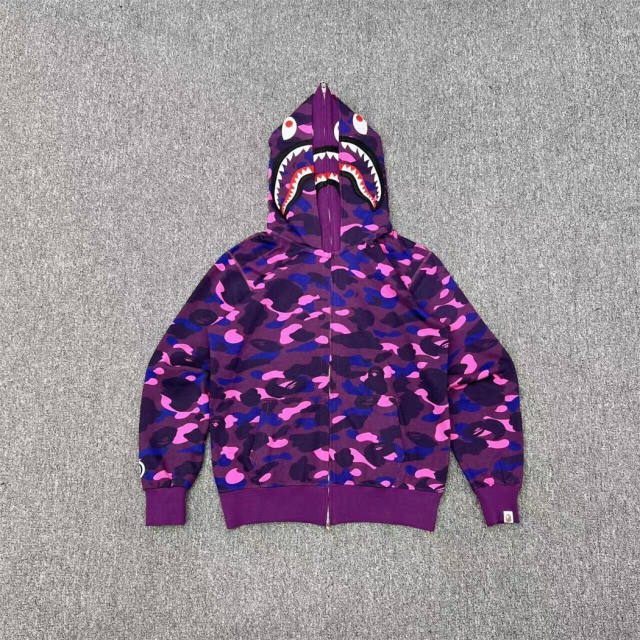 [Best Quality] 1:1 Bape Double Hood Camo Shark Hoodie Blue Red Purple