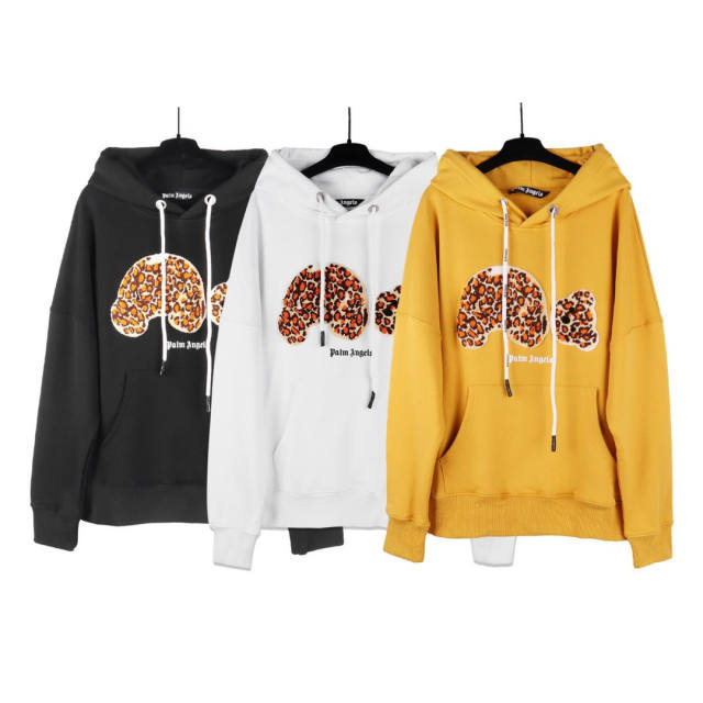 Palm Angels Leopard Print Bear Hoodie White Black Orange
