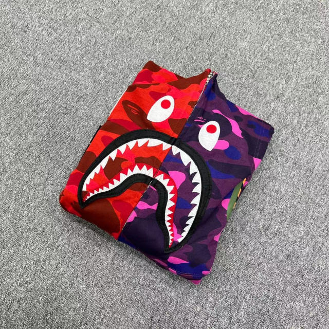 [Best Quality] 1:1 Bape Shark half camo hoodie zip-up pullove purple red