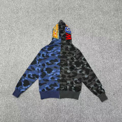 [Best Quality] 1:1 Bape Shark half camo hoodie zip-up pullove blue grey