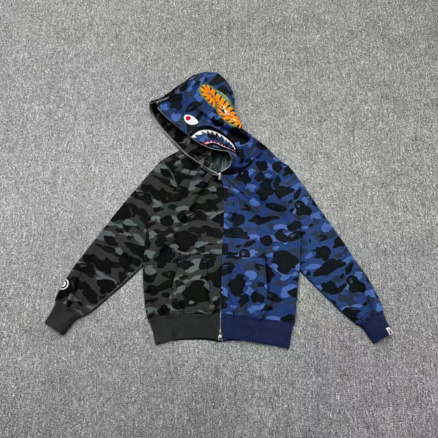 [Best Quality] 1:1 Bape Shark half camo hoodie zip-up pullove blue grey