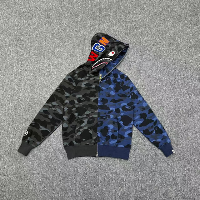 [Best Quality] 1:1 Bape Shark half camo hoodie zip-up pullove blue grey