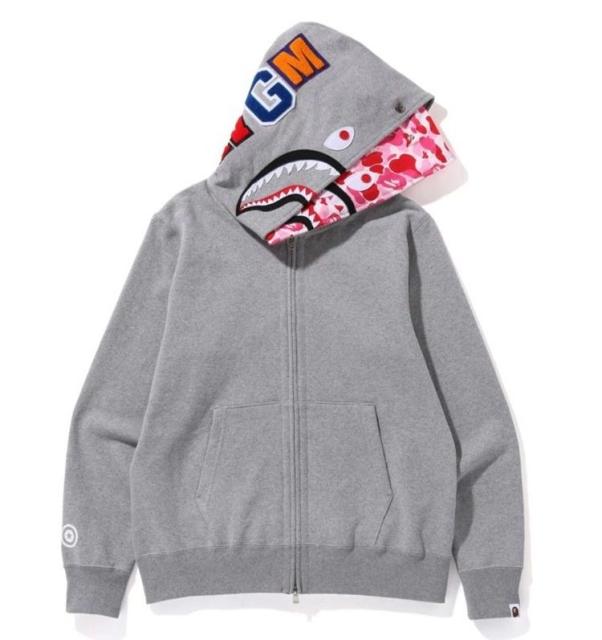 Bape Pink Shark Double Hood Grey Hoodie
