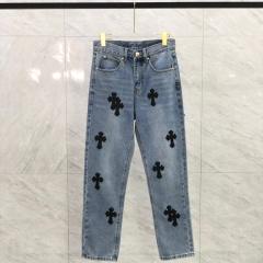 [Best Quality] Chr0me  Hearts CH Black Leather Crosses Patch Denim Jeans